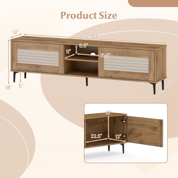 TV stand for TVs up to 70 inches in oak, featuring fluted doors, open shelves, and concealed storage with metal legs.