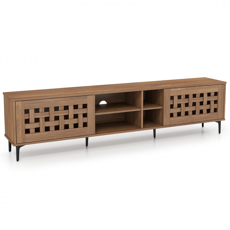 Walnut TV stand for TVs up to 80", featuring artistic cut-out design, 2 doors, and ample storage for living room use.