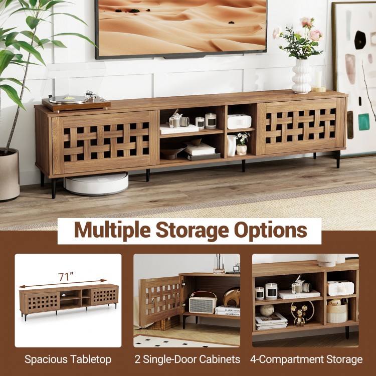 TV stand in walnut finish for TVs up to 80", featuring 2 doors, 4-compartment storage, and an elegant cut-out design.