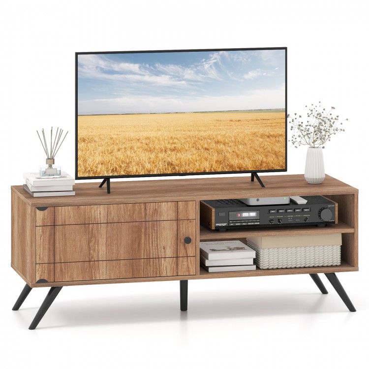 Mid-century modern TV stand in oak for TVs up to 55 inches, featuring open shelves and a storage cabinet for.