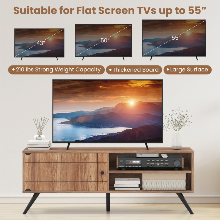 Mid-century modern TV stand for flat screen TVs up to 55", featuring a spacious tabletop and storage cabinet.