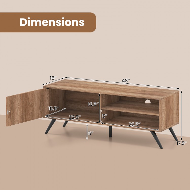 Dimensions of the oak TV stand for TVs up to 55 inches, featuring open shelves and a storage cabinet for media.