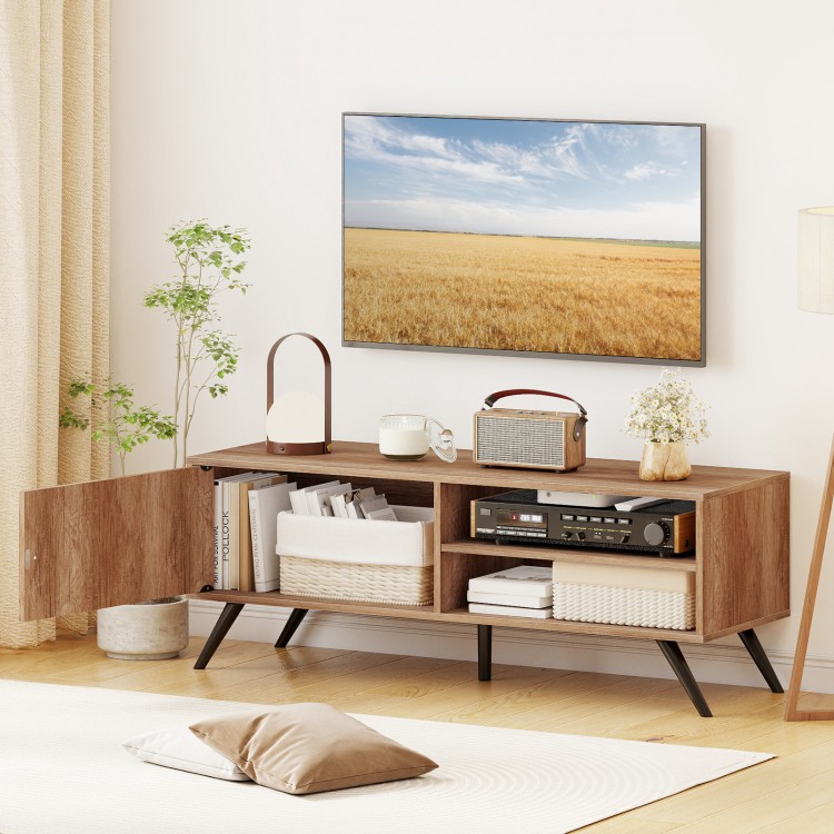Mid-century modern TV stand in oak with storage cabinet, suitable for TVs up to 55 inches, ideal for living room.