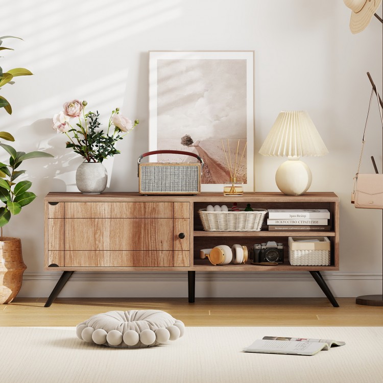Mid-century modern TV stand in oak with storage cabinet, open shelves, and cable management for living room.