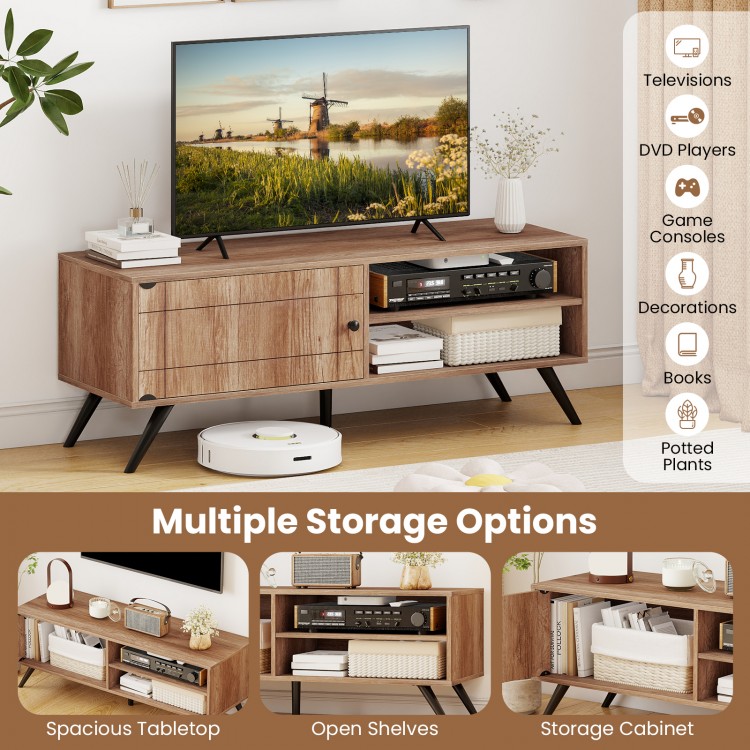 Mid-century modern oak TV stand showcasing open shelves and a storage cabinet, perfect for organizing media items.