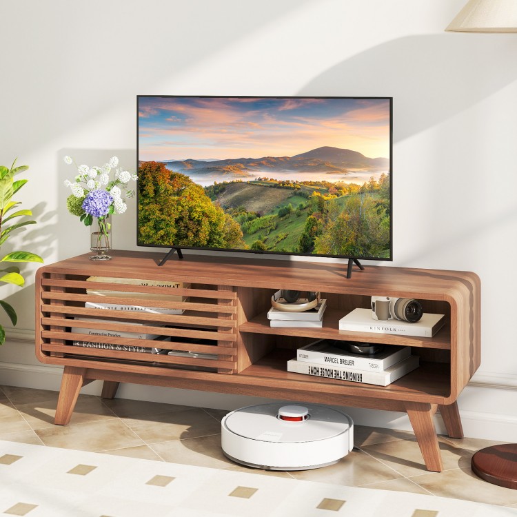 Brown TV stand for TVs up to 55" with sliding door and adjustable shelves, featuring mid-century design and splayed.