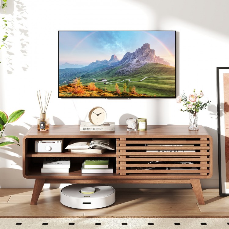Brown TV stand for TVs up to 55", featuring sliding door, adjustable shelves, and mid-century design for living room.