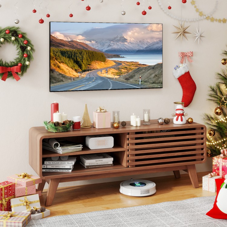 Brown TV stand for TVs up to 55", featuring sliding door, adjustable shelves, and mid-century design for living rooms.