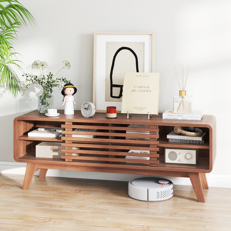 Brown TV stand for TVs up to 55" featuring sliding door, adjustable shelves, and solid rubber wood legs for living room.