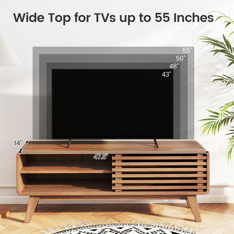 TV stand with a wide top for TVs up to 55", featuring a sliding door and adjustable shelves in brown finish.