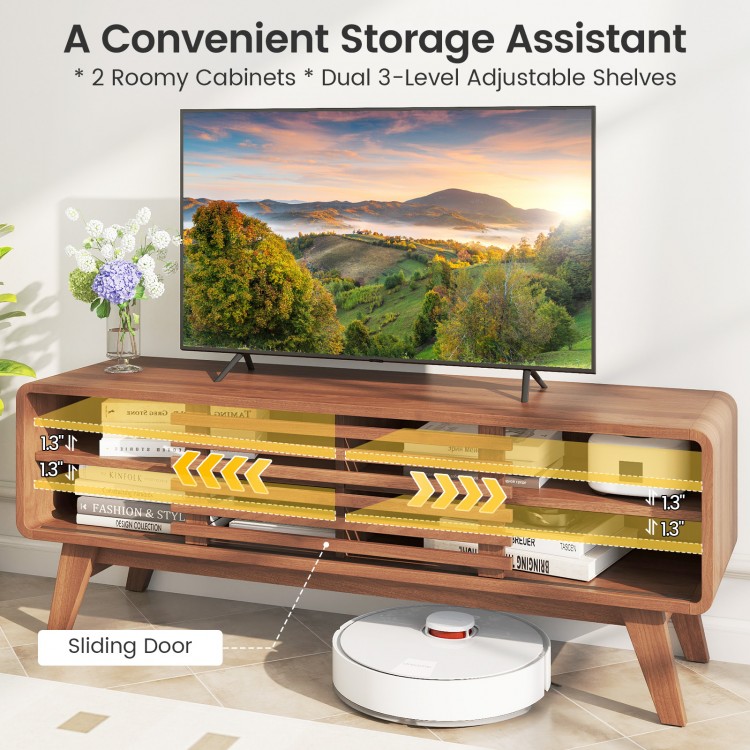 Brown TV stand for TVs up to 55" featuring sliding door, dual adjustable shelves, and two roomy cabinets for storage.