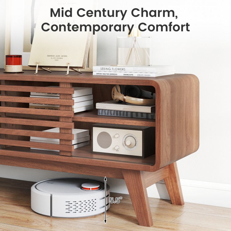 TV stand in brown with sliding door and adjustable shelves, designed for TVs up to 55", perfect for living room storage.
