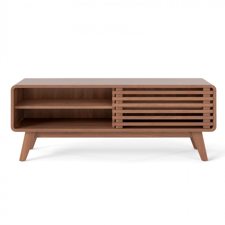 Brown TV stand for TVs up to 55", featuring a sliding door, adjustable shelves, and solid rubber wood legs.