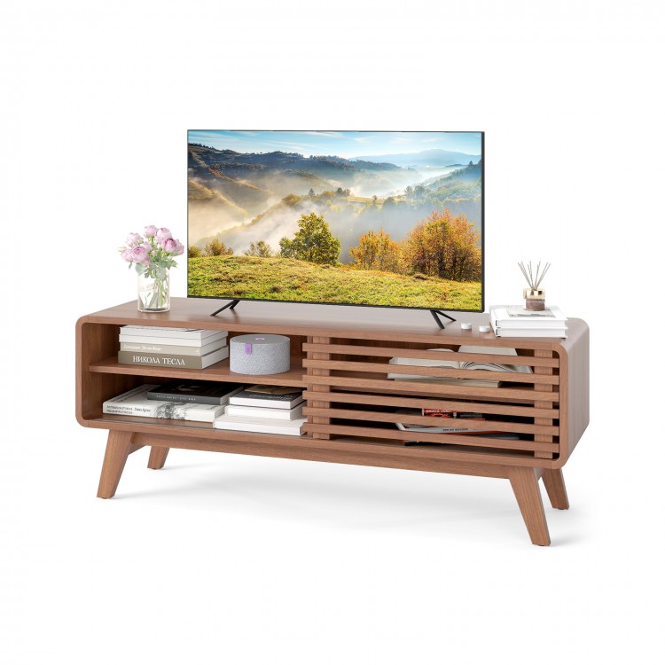 TV stand in brown with sliding door and adjustable shelves, showcasing a clean design and sturdy rubber wood legs.