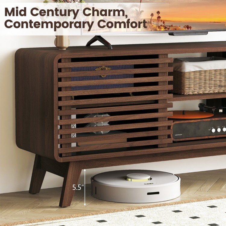 Walnut TV stand for TVs up to 65", featuring sliding doors and adjustable shelves, perfect for living room storage.