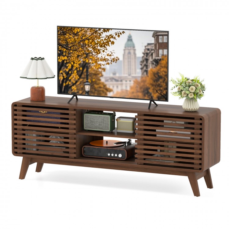 Walnut TV stand for TVs up to 65", featuring sliding doors, adjustable shelves, and mid-century design for living rooms.
