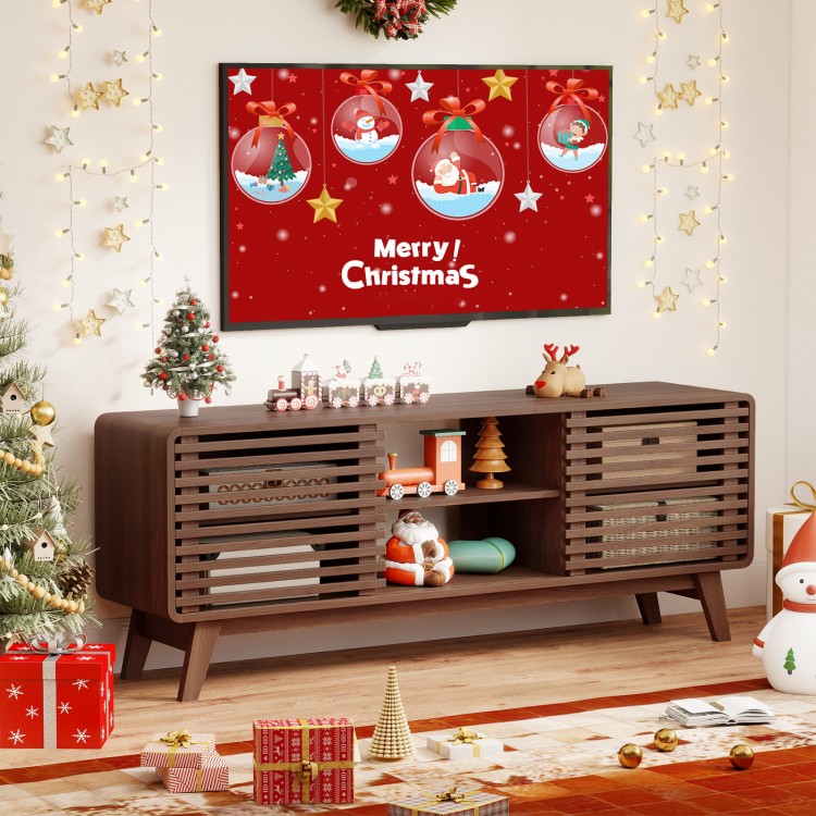 Walnut TV stand for TVs up to 65", showcasing sliding doors and adjustable shelves, ideal for modern living room decor.