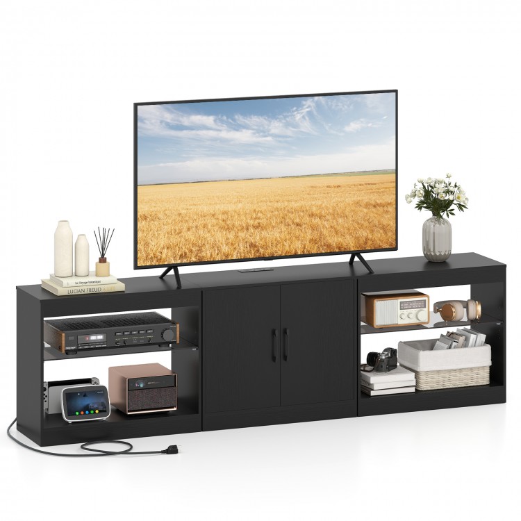 TV stand in black for TVs up to 85 inches, featuring open shelves, 2-door cabinet, and built-in power outlets.