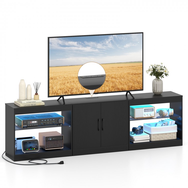 TV stand for TVs up to 85 inches with RGB LED lighting, storage cabinets, and built-in power outlets in black finish.
