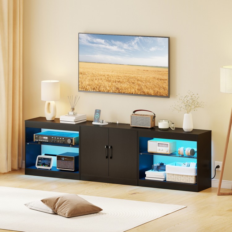 TV stand for TVs up to 85 inches with RGB LED lighting, storage cabinet, and built-in power outlets in black finish.