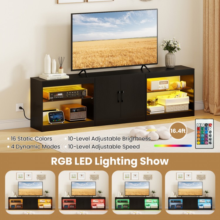 TV stand with RGB LED lighting, designed for TVs up to 85 inches, featuring storage and built-in charging outlets.