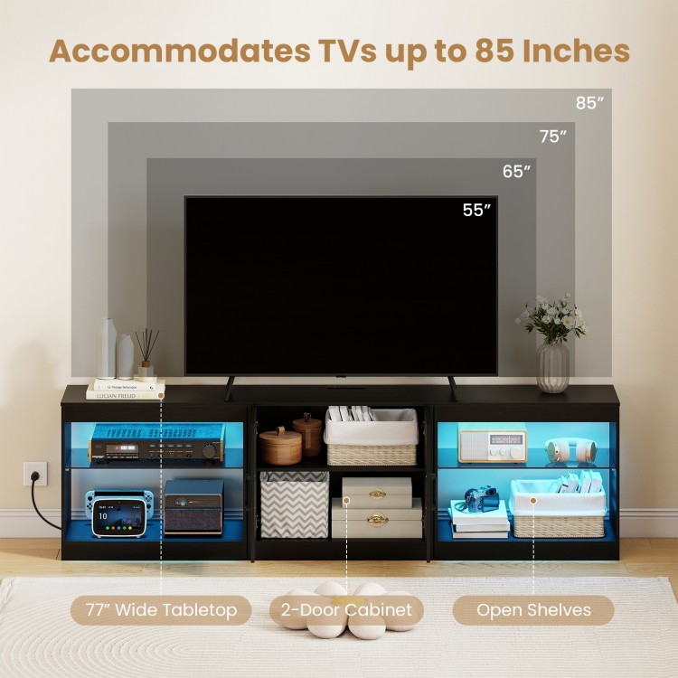 TV stand for TVs up to 85 inches with RGB LED lighting, 77" tabletop, and 2-door cabinet for ample storage.
