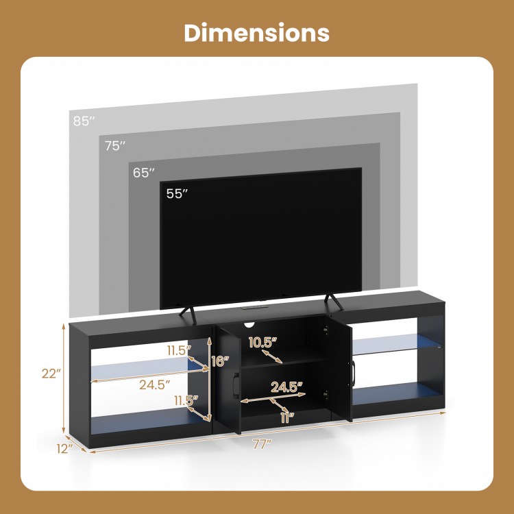 Dimensions of the black TV stand for TVs up to 85 inches, featuring adjustable shelves and built-in power outlets.