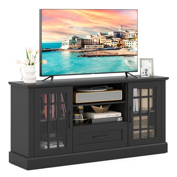 Black TV stand for TVs up to 70 inches featuring glass doors, adjustable shelves, and a large drawer for versatile.