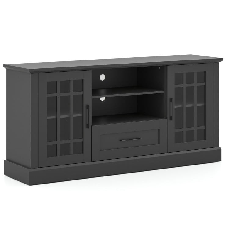 Black TV stand for TVs up to 70 inches, featuring glass doors, adjustable shelves, and a central drawer for storage.