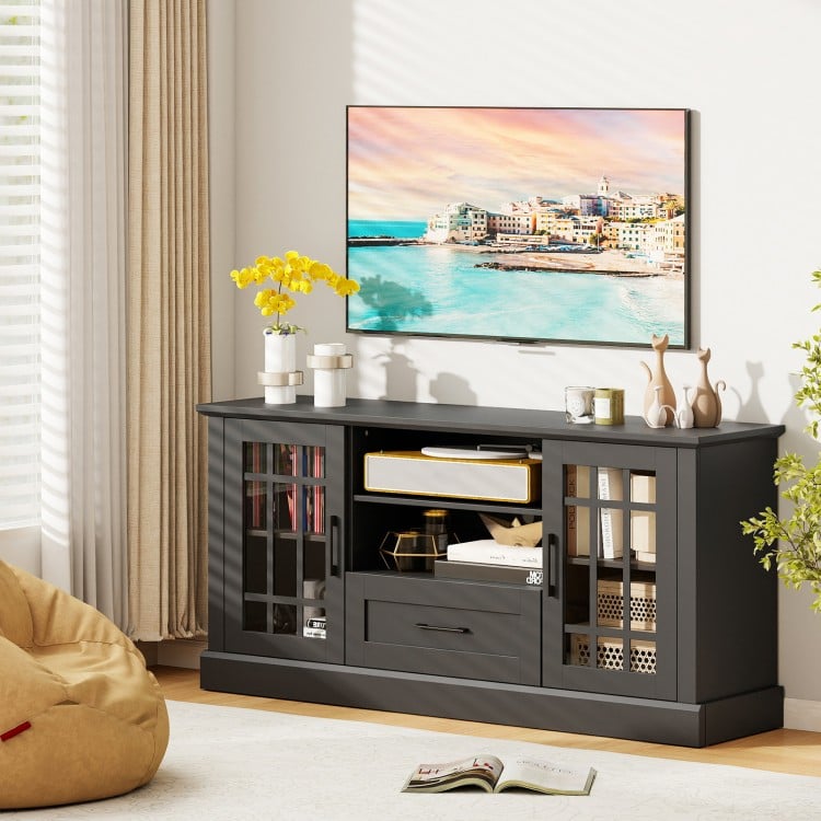 Black TV stand for TVs up to 70 inches featuring glass doors, adjustable shelves, and a drawer for versatile storage.