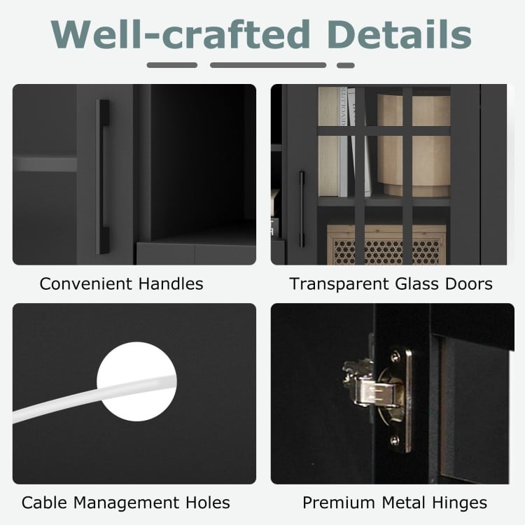 Close-up of the TV stand's premium metal hinges and convenient cable management holes for TVs up to 70 inches.