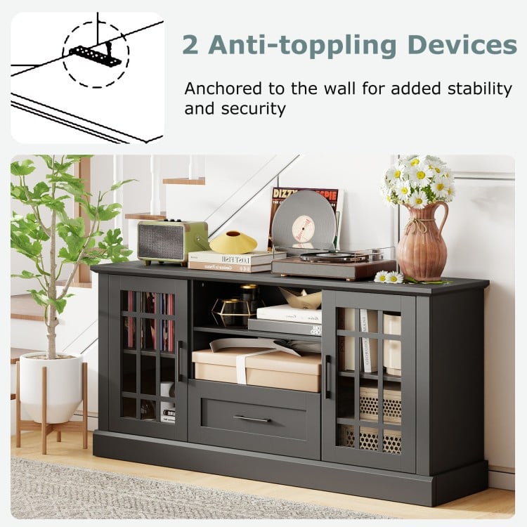 Black TV stand with glass doors, adjustable shelves, and drawer, designed for TVs up to 70 inches, ideal for living.