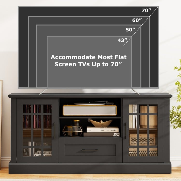Black TV stand accommodating TVs up to 70 inches, featuring glass doors, adjustable shelves, and a large drawer for.