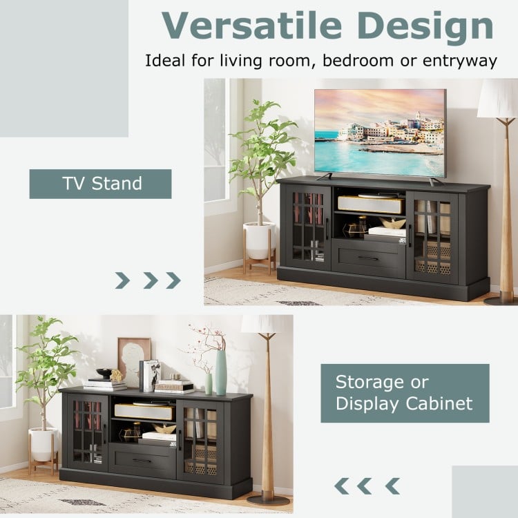 Black TV stand with glass doors and adjustable shelves, designed for versatile storage in living rooms or bedrooms.