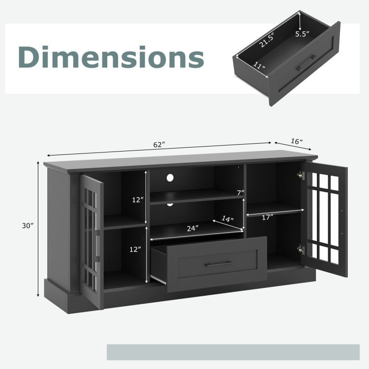Dimensions of a black TV stand for TVs up to 70 inches, featuring adjustable shelves, drawers, and glass doors.