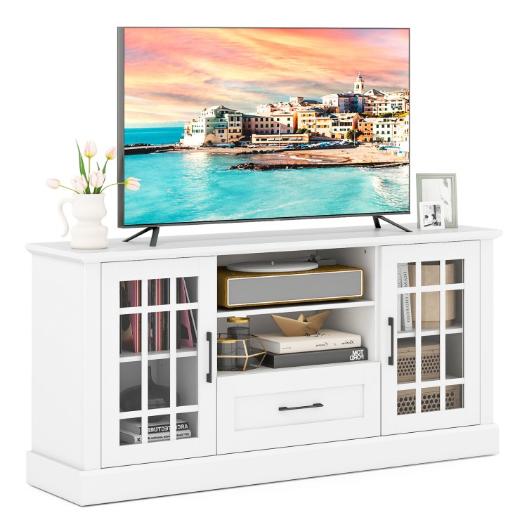 White TV stand with glass doors, adjustable shelves, and drawer, designed for TVs up to 70 inches, perfect for living.