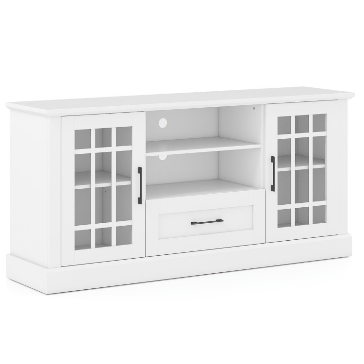 White TV stand for TVs up to 70 inches featuring glass doors, adjustable shelves, and a central drawer for storage.