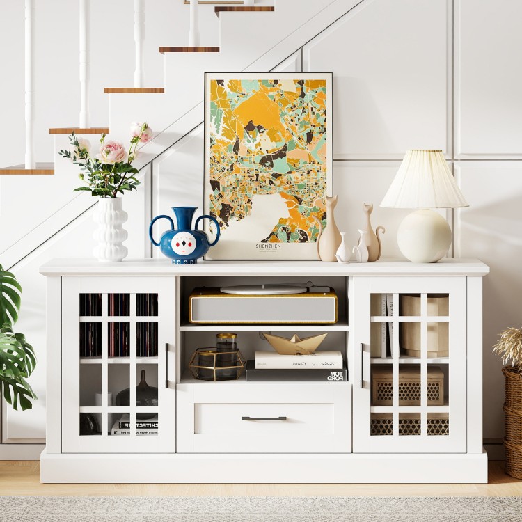 White TV stand with glass doors, adjustable shelves, and a drawer, suitable for TVs up to 70 inches, ideal for living.