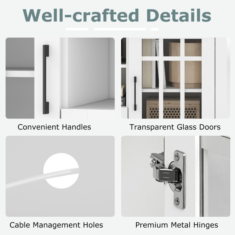 Close-up of cable management holes and premium metal hinges on a white TV stand with glass doors and convenient handles.