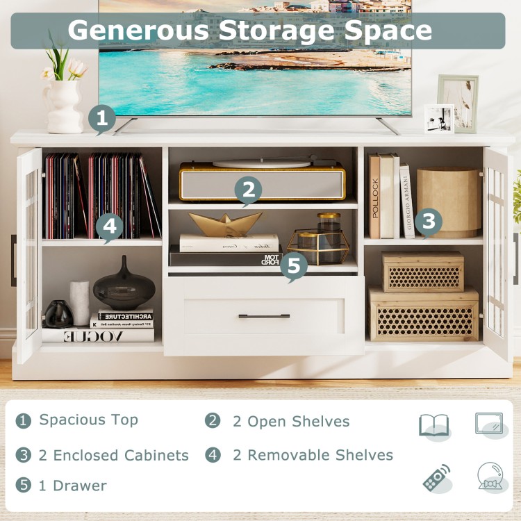 TV stand with glass doors, two open shelves, and a drawer, designed for TVs up to 70 inches, in white finish.