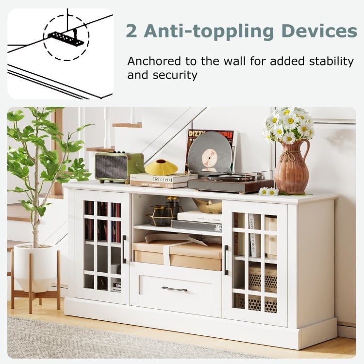 White TV stand with glass doors, adjustable shelves, and drawer, designed for TVs up to 70 inches, ideal for living.