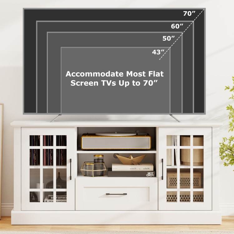 TV stand in white for TVs up to 70 inches, featuring glass doors, adjustable shelves, and a large drawer for storage.