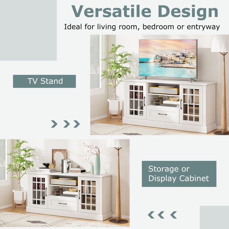 White TV stand with glass doors, adjustable shelves, and a large drawer, ideal for living room or bedroom storage.