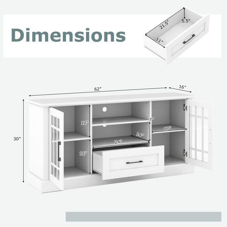 Dimensions of the white TV stand for TVs up to 70 inches, featuring adjustable shelves and a large drawer.