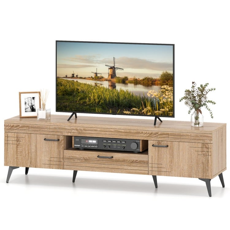 TV stand in oak finish with 2 cabinets and storage drawer, designed for 65-inch TVs, featuring sleek handles and cable.
