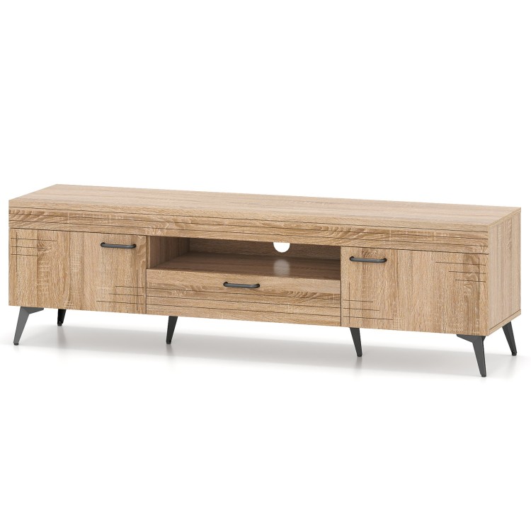 TV stand in oak finish with 2 cabinets and storage drawer, designed for TVs up to 65 inches, featuring sleek handles.