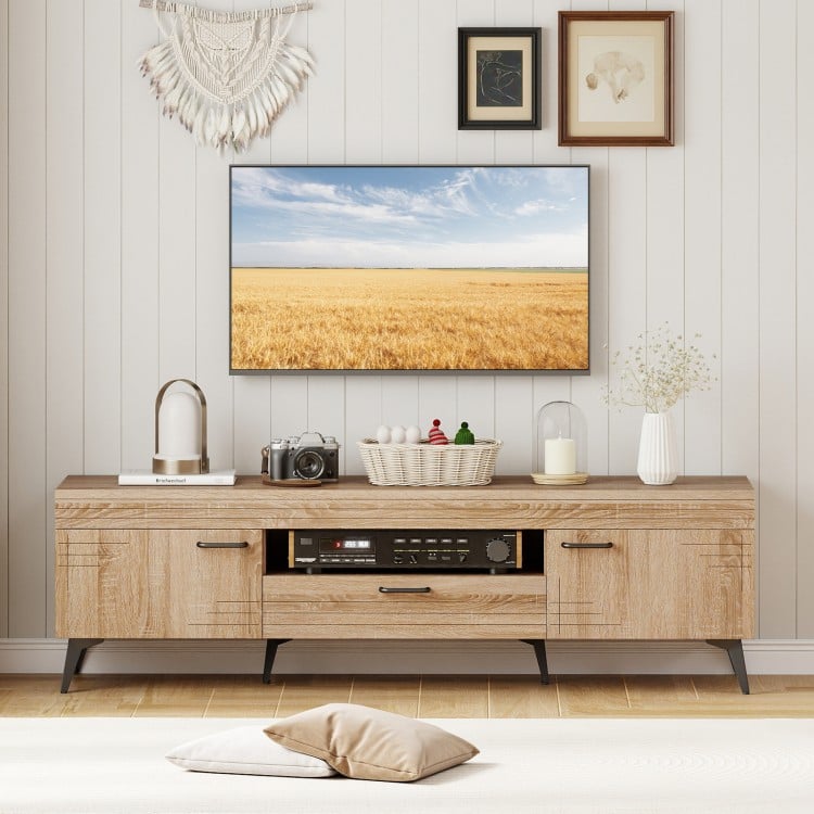 TV stand in oak finish with 2 cabinets and storage drawer, designed for 65-inch TVs, offering ample storage and cable.