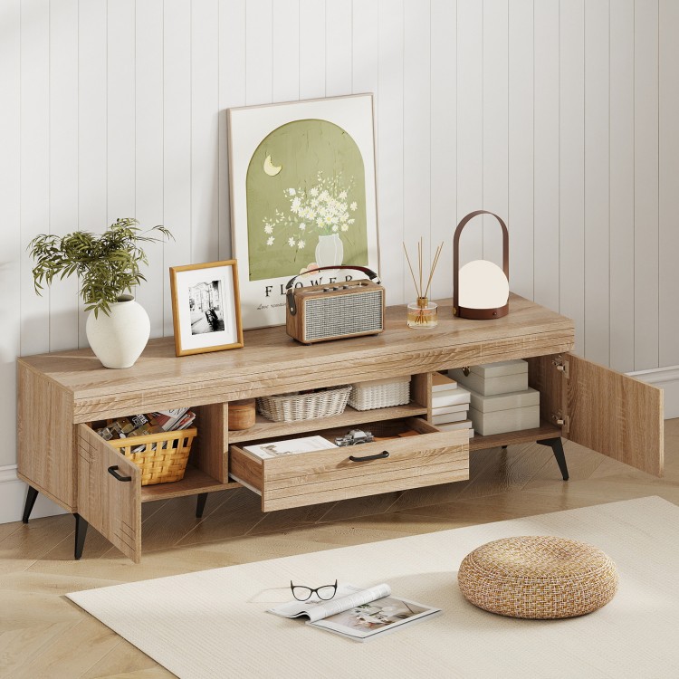 TV stand in oak with 2 cabinets and storage drawer, designed for 65-inch TVs, featuring sleek handles and metal legs.