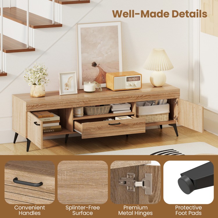 TV stand in oak with 2 cabinets and storage drawer, featuring premium metal hinges and protective foot pads for.