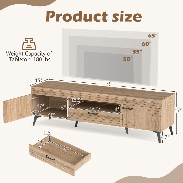 TV stand with dimensions for 65-inch TVs, featuring oak finish, storage drawer, and ample media device space.